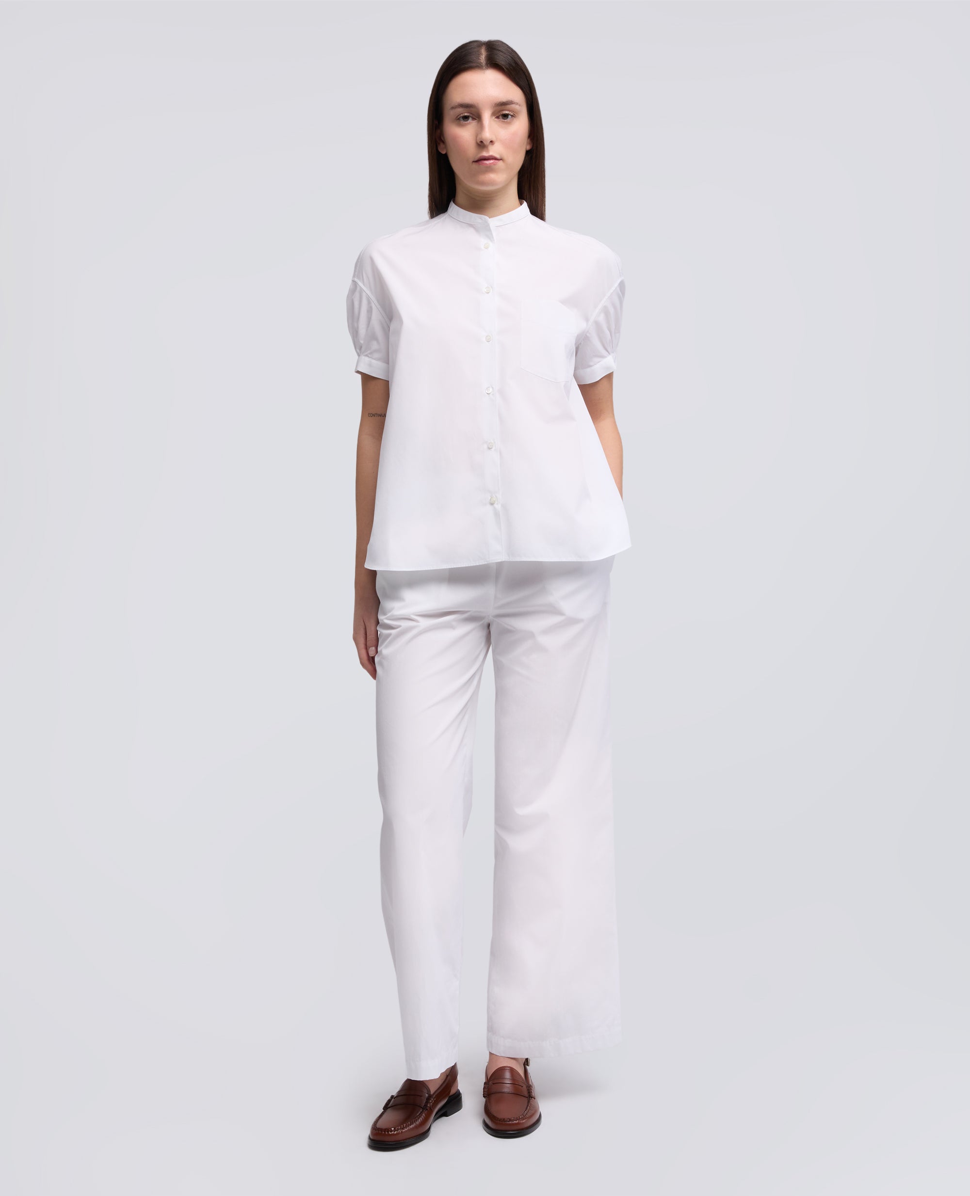 CAMICIA IN POPELINE DI PURO COTONE CON COLLO ALLA COREANA-BIANCO-WHITE-BLANCO-WEISS-BLANC