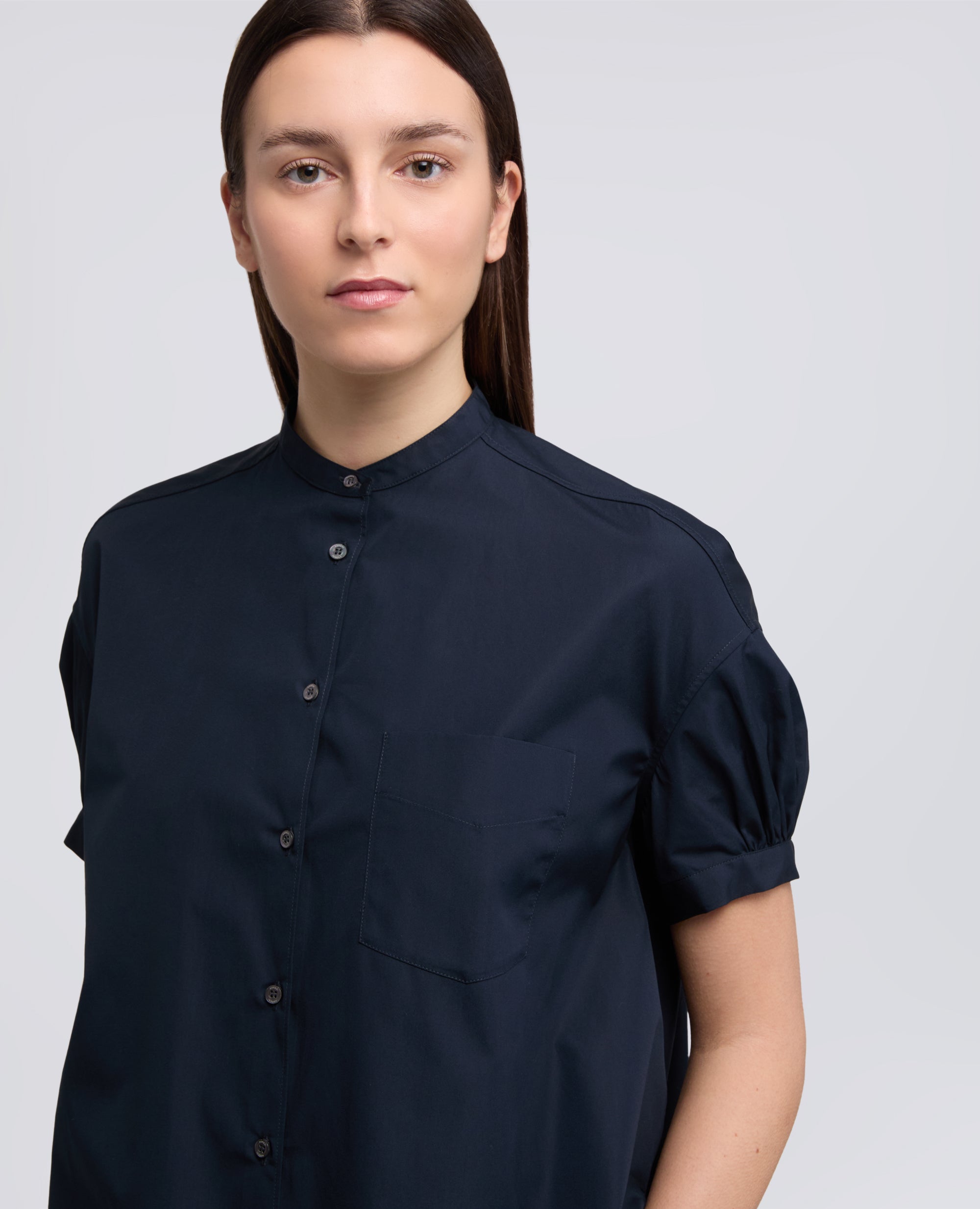 CAMICIA IN POPELINE DI PURO COTONE CON COLLO ALLA COREANA-NAVY-NAVY-AZUL MARINO-NAVY-NAVY