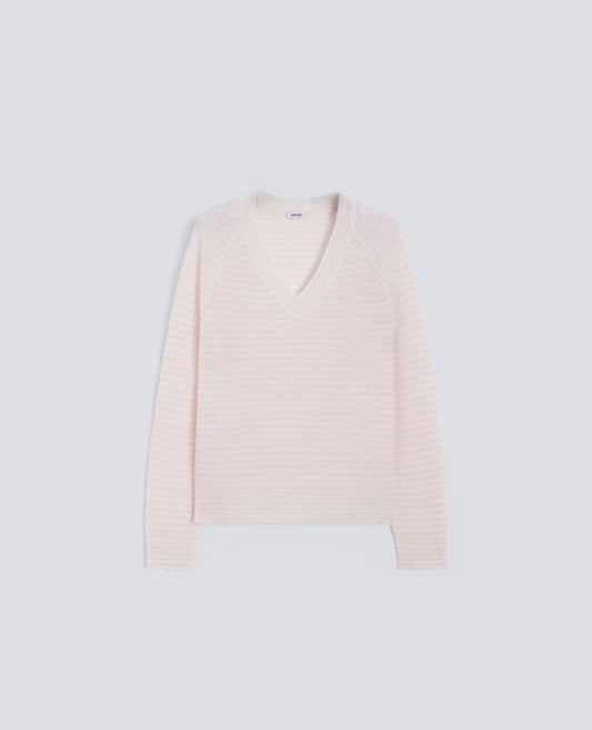 MAGLIA CON SCOLLO A "V" IN PURO CASHMERE-RIGA ROSA-PINK STRIPED-RAYA ROSA-STREIFEN ROSA-RAYURE ROSE