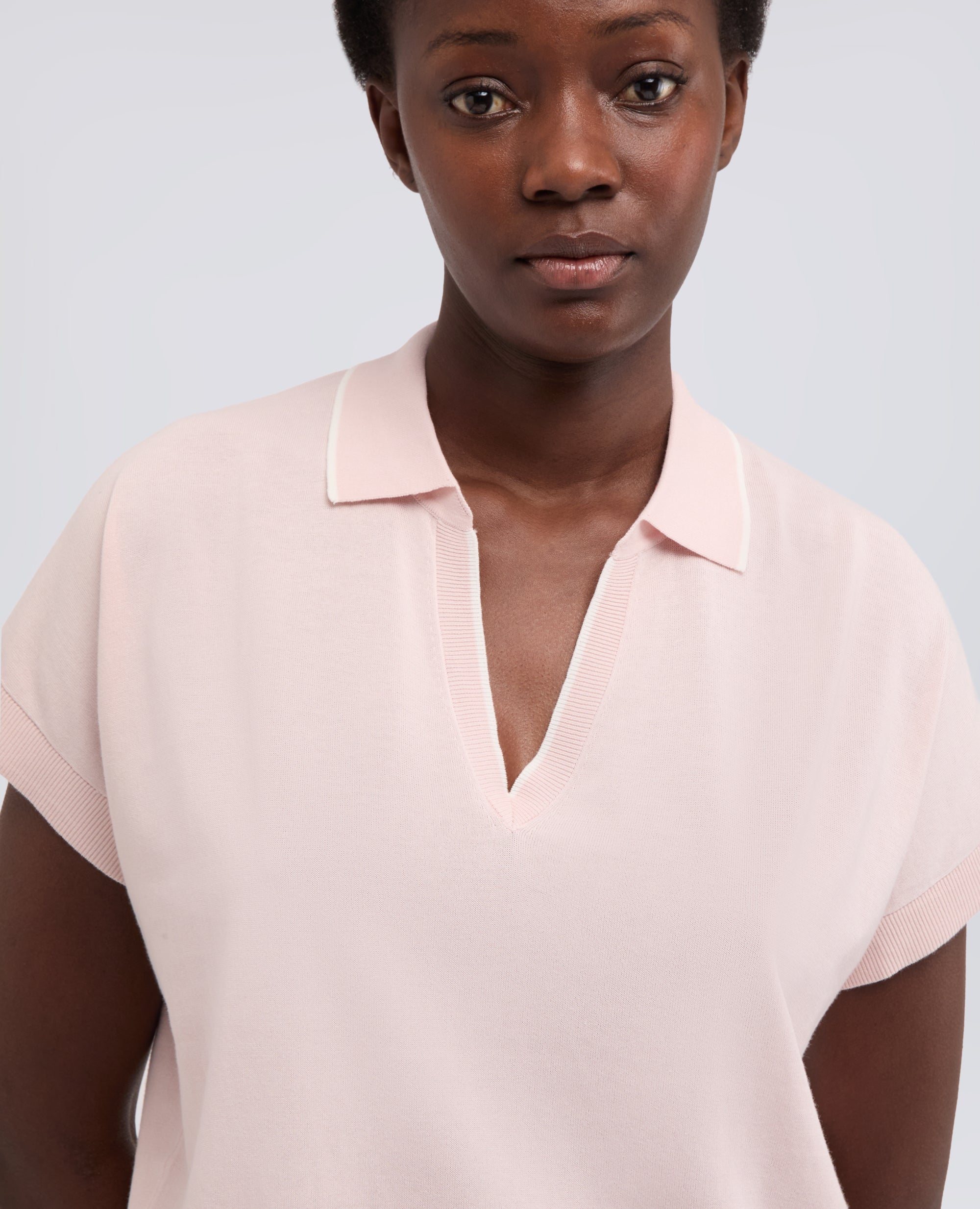 MAGLIA SCOLLO A V CON COLLETTO IN FILATO DI PURO COTONE-ROSA-PINK-ROSA-ROSA-ROSE