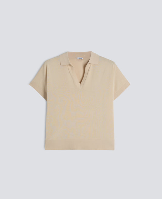 MAGLIA SCOLLO A V CON COLLETTO IN FILATO DI PURO COTONE-SABBIA-SAND-ARENA-SAND-SABLE