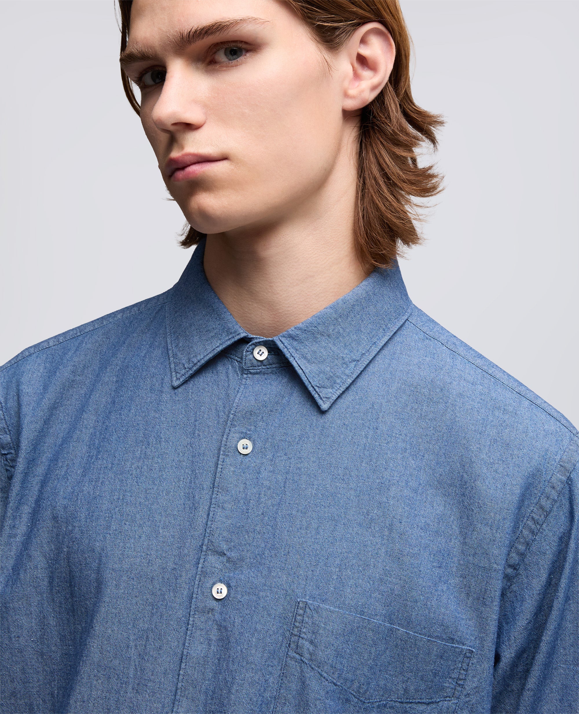 CAMICIA IN POPELINE DI COTONE CON TASCHINO-DENIM MEDIO-MEDIUM DENIM-DENIM MEDIO-MITTLERER DENIM-DENIM MOYEN
