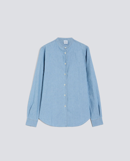 CAMICIA IN CHAMBRAY COTONE GIAPPONESE CON COLLO ALLA COREANA-DENIM CHIARO-LIGHT DENIM-DENIM CLARO-HELLES DENIM-DENIM CLAIR