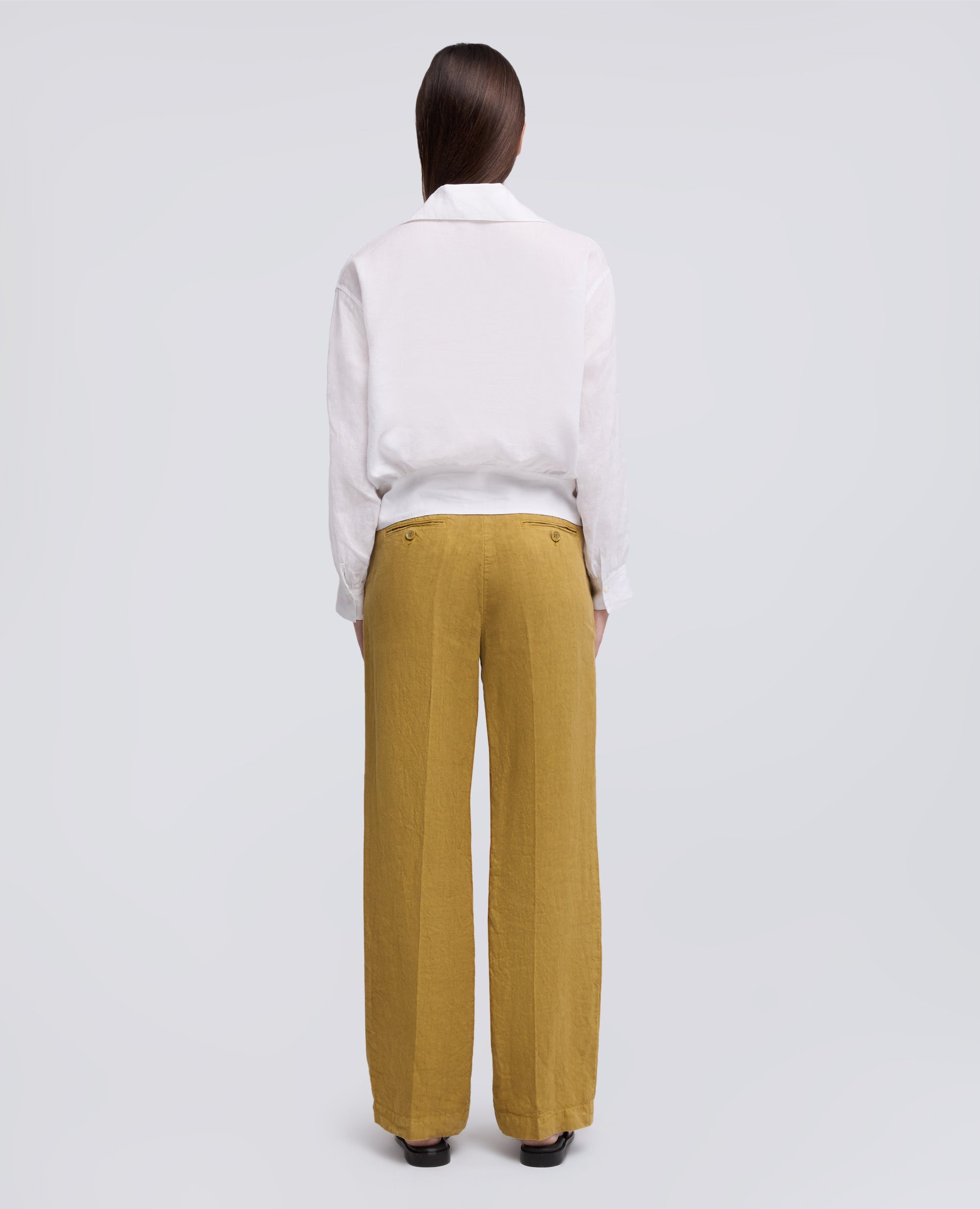 PANTALONE IN LINO FIAMMATO COMPATTO TINTO CAPO-SENAPE-MUSTARD YELLOW-MOSTAZA-SENF-MOUTARDE