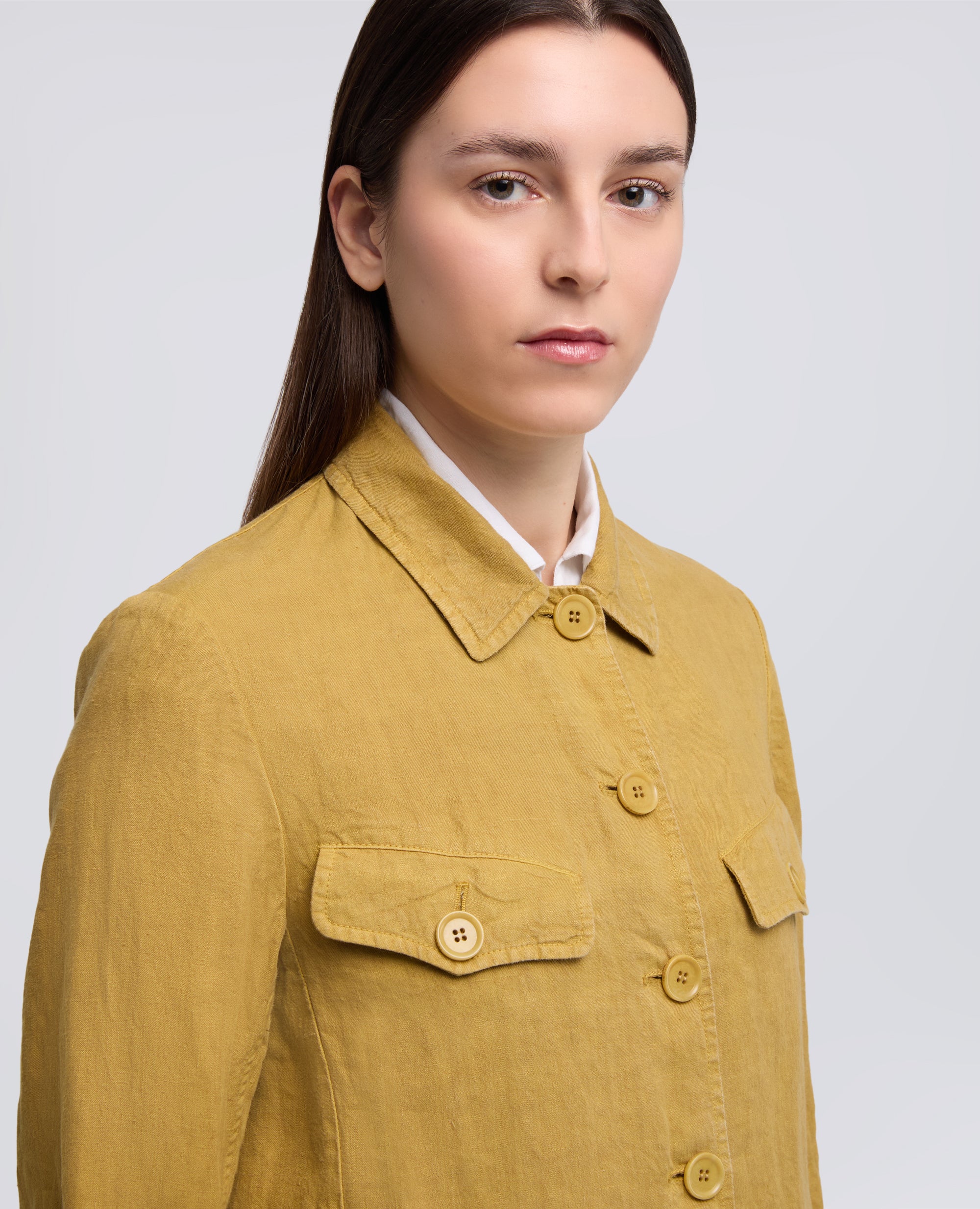 GIACCA MONOPETTO IN LINO FIAMMATO TINTO CAPO-SENAPE-MUSTARD YELLOW-MOSTAZA-SENF-MOUTARDE