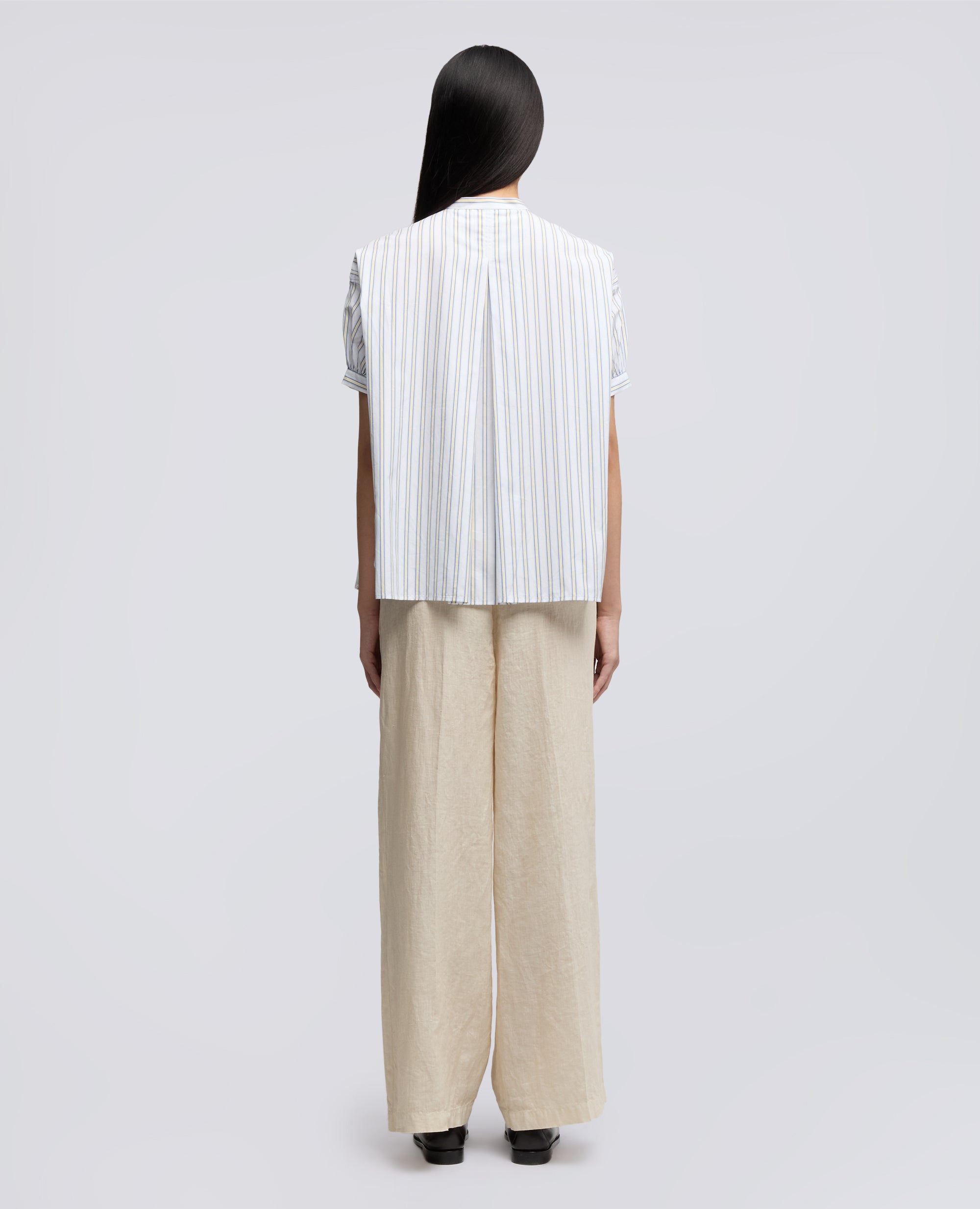 CAMICIA IN POPELINE DI COTONE CON COLLO ALLA COREANA-RIGA GIALLA-RIGA GIALLA-RIGA GIALLA-RIGA GIALLA-RIGA GIALLA