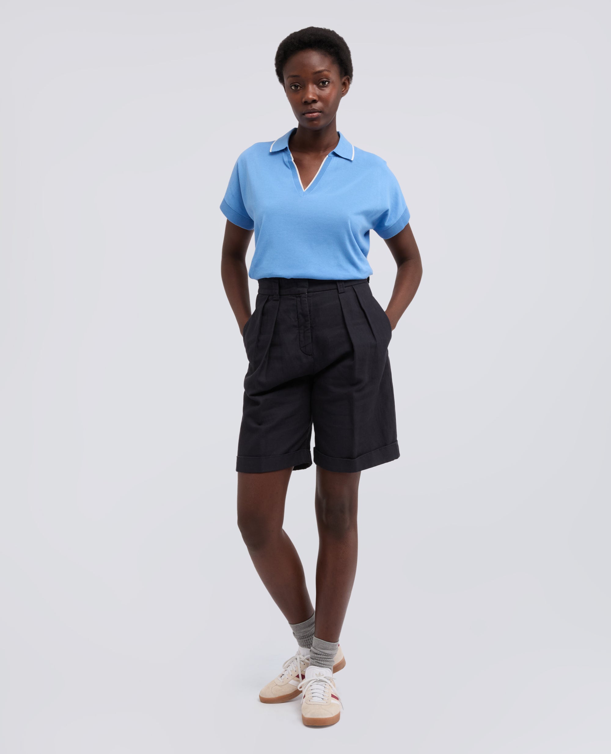 MAGLIA SCOLLO A V CON COLLETTO IN FILATO DI PURO COTONE-AZZURRO-SKY BLUE-AZUL CLARO-HIMMELBLAU-BLEU CIEL